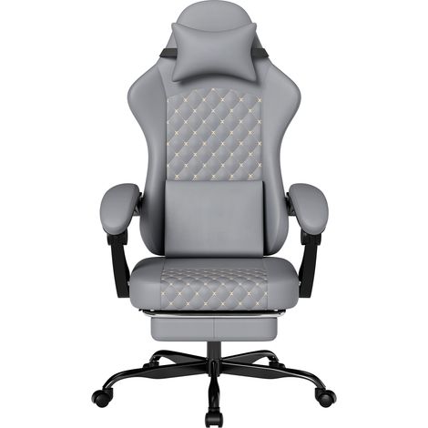 Chaise gaming en cuir PVC avec massage et repose-pieds, fauteuil gamer ergonomique, chaise PC et bureau, charge maximale 150 kg, gris (1/5)