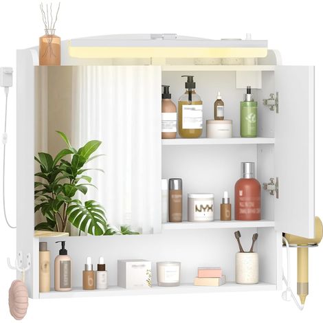Armoire Murale Salle de Bain avec Miroir et LED, Meuble de Salle de Bain, Prise et Interrupteur, avec Étagère Réglable, Support Sèche-Cheveux, Blanc (1/5)