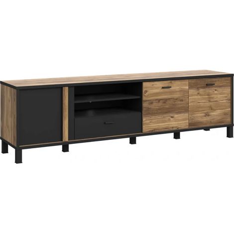 Meuble TV 200 cm 3 portes décor bois et noir pieds noir - CELIA (1/5)