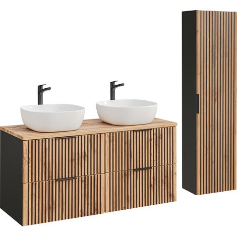 Conjunto mueble doble lavabo 120 cm y columna Gaia Madera