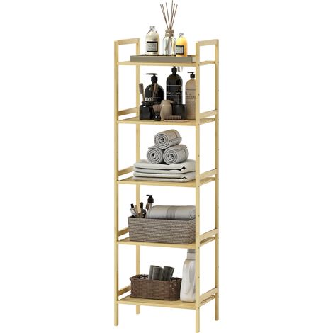 HOMCOM Colonna Bagno a 5 Ripiani Regolabili in Altezza in Bambù Colore Legno