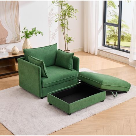 Fauteuil lounge 149x103,5x81 cm en velours vert avec pouf de rangement, gain de place – MEUBLIV (1/5)