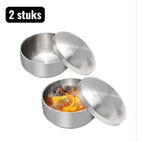 1 pezzo - Ciotola - Ciotola per mescolare - Ciotola in acciaio inox 304 - Con coperchio - Ciotola per zuppa a doppia parete - Ciotola per riso per uso domestico - Diametro 11,5 cm - Argento (1/4)