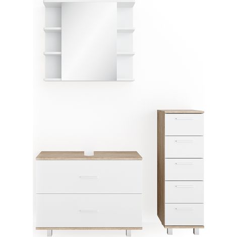 Set mobili bagno Ilias, Bianco/Sonoma, 3 parti, Vicco