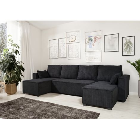 Tendencio – Canapé convertible 3 places ANAFI en velours côtelé noir – Assise en mousse 28kg/m3 – Ressorts ondulés pour confort optimal