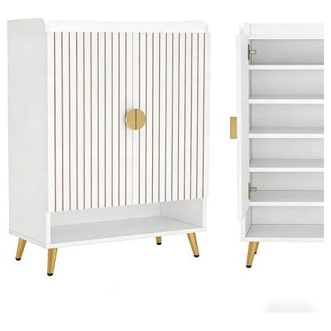 Mobile porta scarpe indipendente in legno bianco e metallo oro, 7 ripiani, 75 x 37 x 110 cm (1/5)