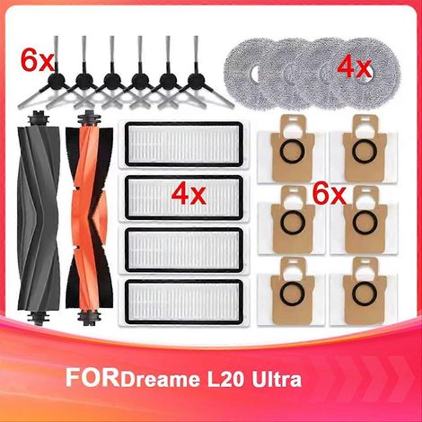 Pièces détachées pour aspirateur robot Dreame L20 Ultra : brosses latérales principales en caoutchouc, lingettes de nettoyage, filtres HEPA, poussière (1/5)