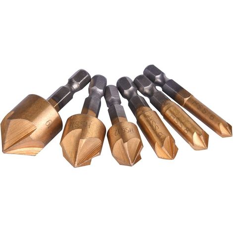 Juego de avellanadores HSS de 6 piezas, avellanadores de 5 ranuras, juego de avellanadores hexagonales de 90 grados, Ø 6,35 mm, brocas avellanadoras de 6 mm / 8 mm / 9 mm / 13 mm / 16 mm / 19 mm (1/5)