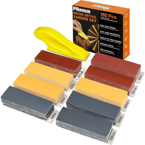 180 Pièces Kit de Ponçage de Précision, Grain 80–1000 Papier Abrasif avec Blocs de Ponçage pour Doigts, pour Petites Zones et Coins, Travail du Bois, Réparation de Meubles, Bricolage et DIY (1/5)