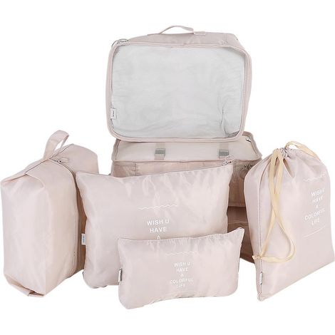 Lot de 7 sacs de rangement portables pour vêtements et sous-vêtements, organisateur de voyage beige (1/5)