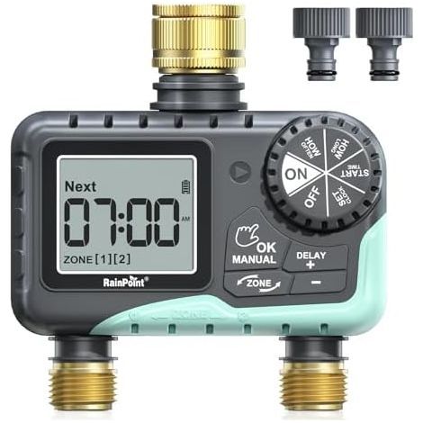 Programmateur Arrosage 2 Voies, Entrée et Sortie en Laiton, Minuteur Automatique Étanche IP65 avec Retard de Pluie/Arrosage Manuel, pour Pelouse Jardin - Voie (1/5)
