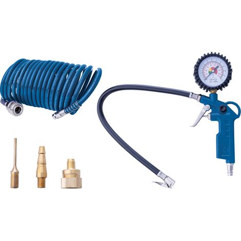 [JAMAIS UTILISÉ] Scheppach Set d'outils à air comprimé - Gonfleur de pneus avec manomètre caoutchouté - Echelle en bar/psi - Valve de dégonflage - 5 m de tuyau spiralé - 3 embouts