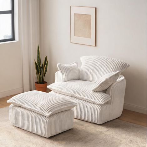Fauteuil canapé en tissu Kord beige avec hocker pour petit espace (1/5)
