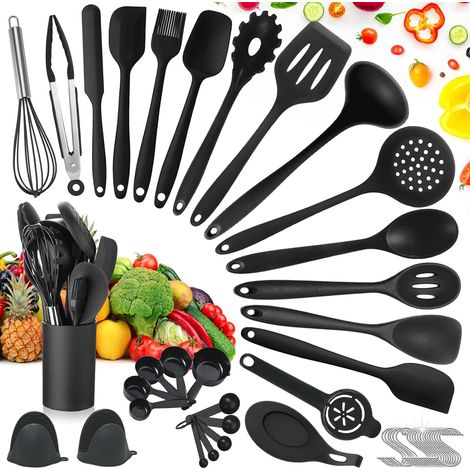 Ustensiles de Cuisine,49pcs Ustensiles de Cuisine Silicone avec 20 Crochets en S,Batterie de Cuisine antiadhésive Anti-Rayures et résistante à la Chaleur - Noir