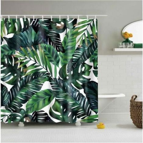 Nature-themed shower curtain with tropical green leaves, decorative bathroom fabric with hooks.