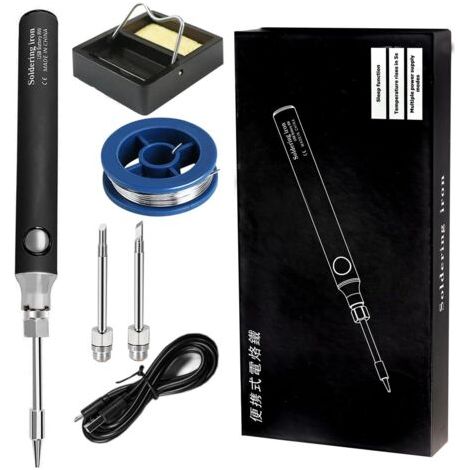 Kit de fer à souder, 8 W, outils de soudage avec température réglable de 330 à 450 ℃, fer à souder électrique sans fil, câble de charge USB, support de soudure, 3 embouts pour soudure et (1/5)