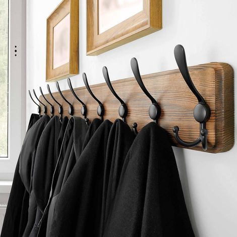 Porte Manteau Mural Bois Brun, Le Style Rustique, 98cm Longue,Grand Porte-manteau Mural avec 10 Crochets Triples Pour suspendre sac à dos, veste, chapeau (1/5)