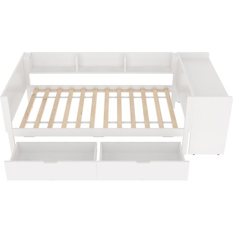 Lit simple 90x200 cm avec bureau, 2 tiroirs et étagères, pin et panneau de particules, blanc, HOMVRA (1/5)