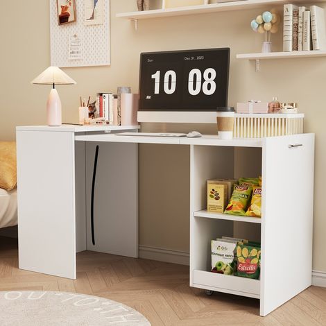 Escritorio de 126 x 55 x 75 cm - Escritorio plegable para ordenador y mueble de almacenamiento multifuncional con ruedas - Blanco (1/5)