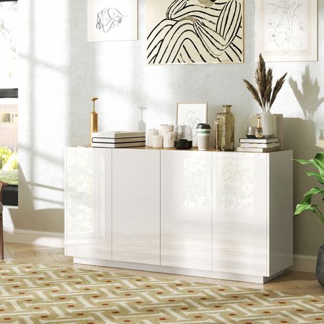 Buffet salle à manger buffet cuisine 4 portes à fermeture douce et étagères réglables 140l x 40P x 75H cm blanc laqué (1/5)