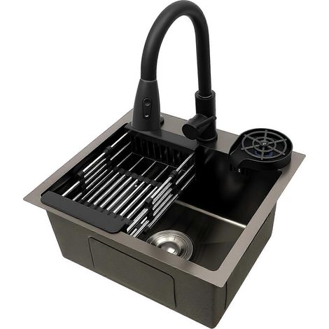 Évier de cuisine 45 x 40 cm en acier inoxydable gris avec robinet extractible et panier d'égouttage noir (1/5)
