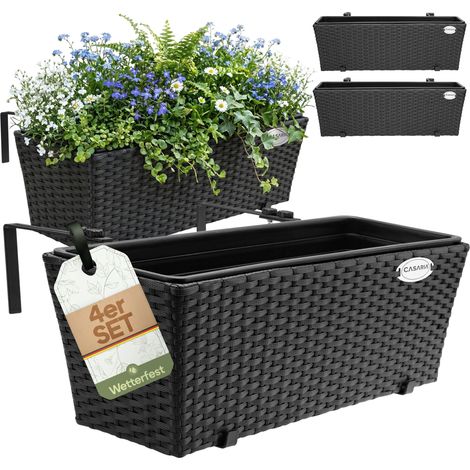 Casaria® 4x Fioriera Balcone 60cm 11L Rattan Supporto Esterno Interno Resistente agli Agenti Atmosferici e ai Raggi UV Rimovibile Ringhiera Vaso Portafiori Rettangolare Fiori Piante Nero (1/5)