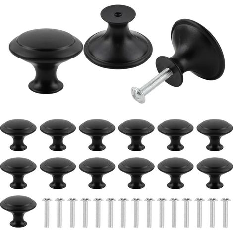 16 Stück mattschwarze Schubladen- und Türknöpfe, schwarze Schrankknöpfe, 30 mm runde schwarze Möbelknöpfe, runde schwarze Küchengriffe mit Schrauben für Möbelschubladen, Schränke, Türen, Badezimmer, S