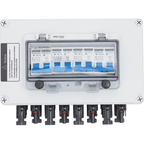 Boîte de jonction photovoltaïque – 4 entrées 4 sorties, 15A, IP67, protection surtension 40kA – Pour panneaux solaires et systèmes hors réseau