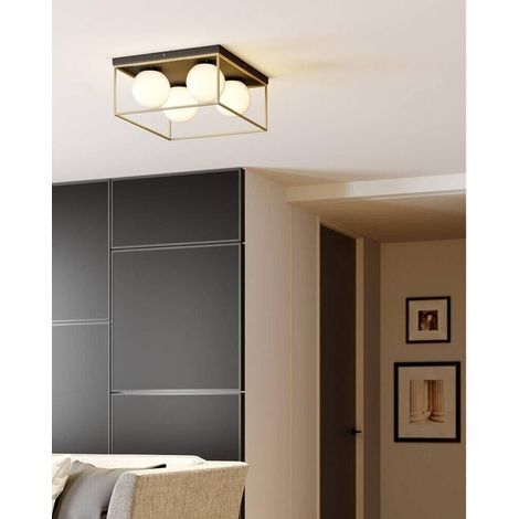 Plafoniera Da Soffitto 4 X Sfera In Vetro Bianco Lampadario Metallo Nero Bronzo (1/4)