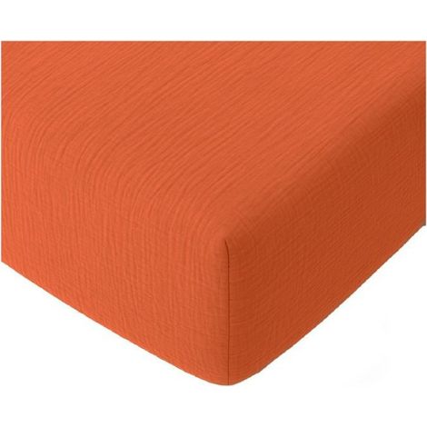 Drap-housse 180 x 200 cm Gaze de coton lavé Safran orange (1/2)