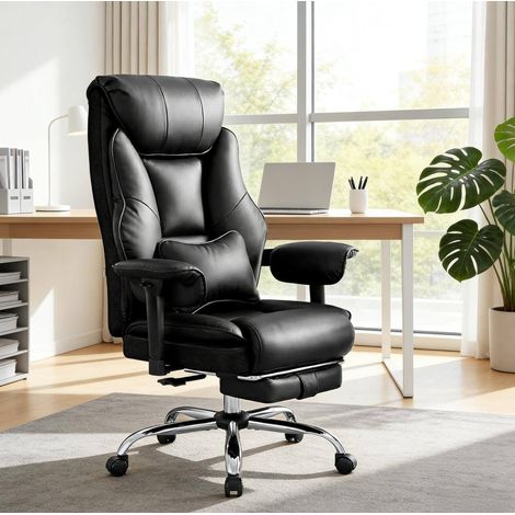 Silla de oficina ergonomica de PU negra con soporte lumbar, reposabrazos ajustables, reclinacion 90-135°, 77x71x118-125,5 cm (1/5)