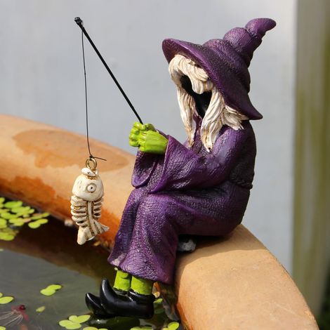 Statuette de sorcière pêcheuse amusante de 12 cm, figurine de sorcière en résine pour Halloween, à poser sur une étagère pour jardin, cour, pelouse, étang, cascades, décoration de piscine (1/5)