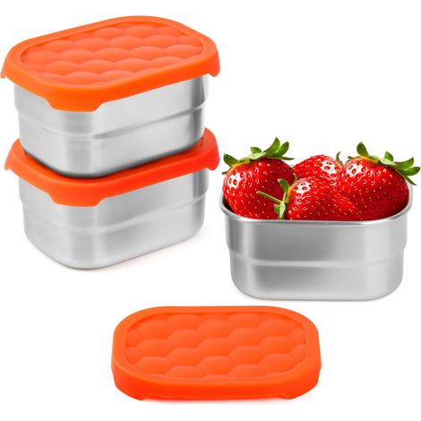 Boîtes à goûter en acier inoxydable de 230 ml avec couvercles en silicone (lot de 3) - Compatibles réfrigérateur, four, congélateur et lave-vaisselle - Petits récipients de conservation avec couvercle (1/5)