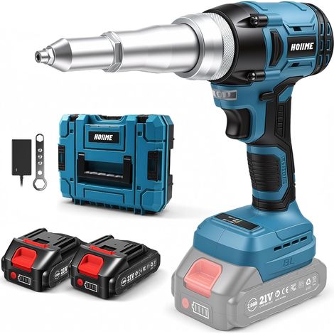 Pince à riveter sans fil compatible avec batterie 18 V, 20 000 N, pistolet à rivets sans balais, pince à riveter électrique automatique sans balais avec 2 batteries, pour rivets aveugles de 2,4 à (1/5)