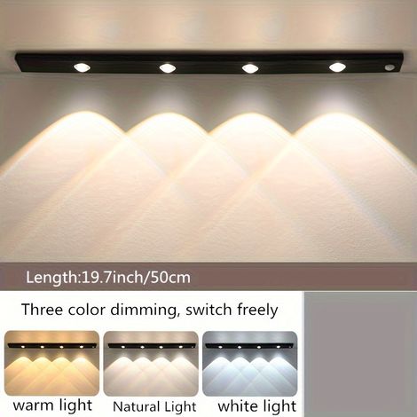 Barre lumineuse LED à détecteur de mouvement de 50 cm, rechargeable et magnétique, pour armoire de camping-car, 3 couleurs à intensité variable, noir (1/5)