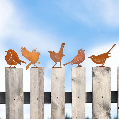 5-teiliges Set realistischer, rostiger Metallvogel-Dekorationen, Gartenvogel-Silhouette, künstliche Metallvogelstatue, rostige Heimdekoration (1/5)