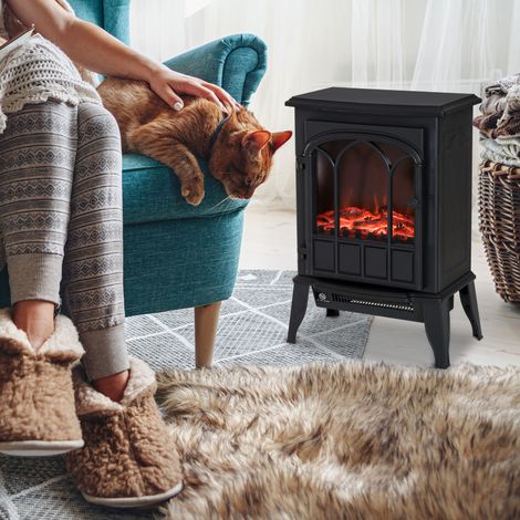 Cheminée électrique sur pied 1000/2000 W, fausse cheminée décorative avec effet flamme LED, protection contre la surchauffe, zone de couverture 15-30 m², noir (1/5)