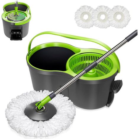 Balai à Frange et Seau à Pédale, Balai Serpillère Rotatif avec Système d'essorage Intégré, Envoyer 3 Recharge en Microfibre, 9.8L, pour Nettoyage Sols, Gris (1/5)