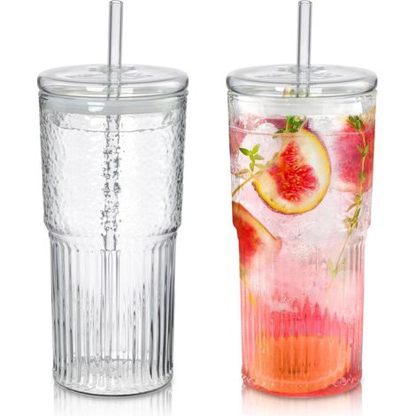 Trinkgläser 650ml 2er Set mit Deckel & Strohhalm, Glasbecher spülmaschinenfest für Bubble Tea, Smoothie, Eiskaffee