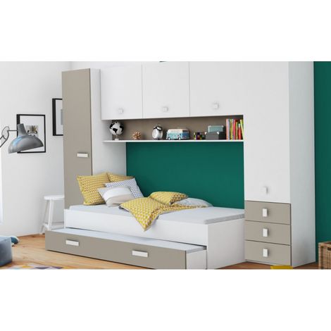 Befara – Lit pont de rangement Aren – Lit gigogne 90x200 cm – 304x94x203 cm – Design moderne blanc et terre cuite – Rangement optimisé avec tiroirs