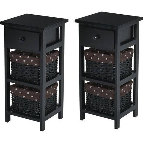 2 PCS Nightstand 3-Tier Bedside Sofa Table Modern Bedroom Side Table w/2 Baskets (1/5)