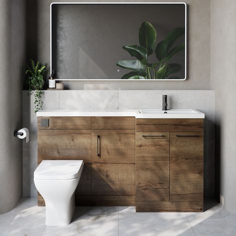 Napoli 390 Tobacco Oak 1500mm 3 Door Vanity Unit Toilet Suite with Right Hand Square Lucia Basin - 1500mm - Matt Black 160mm HandleWith Kingston Toilet Pan and Seat