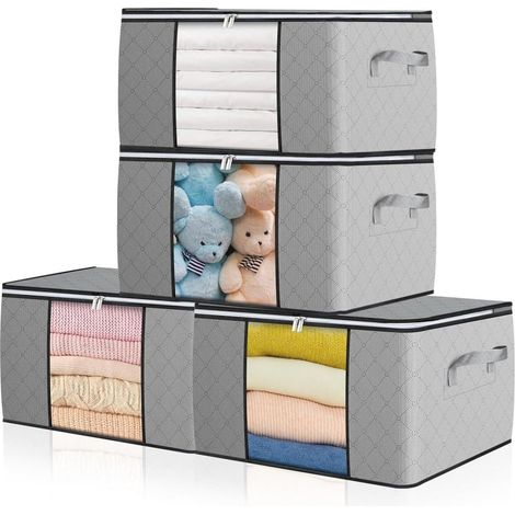 4x 90L Aufbewahrungstasche mit Fenster, faltbar, verstärkte Griffe, Grau (1/5)