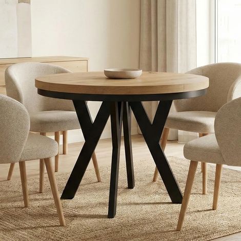 Table de salle à manger ronde extensible PERO avec cerclage métallique, style loft, diamètre : 90 / 140 cm, couleur :Craft Golden / noir (1/5)