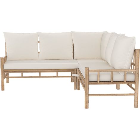 Sofá esquinero de bambú de 4/5 plazas con cojines blancos - Vadella
