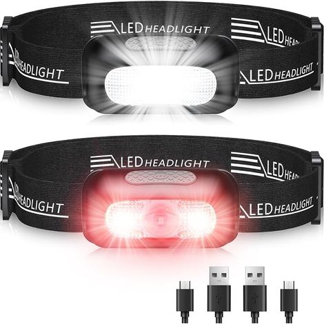Linterna frontal EOIWUY, [Paquete de 2] Linterna frontal LED recargable ultra potente con 5 modos, luz blanca y roja e impermeabilidad IPX4, linterna frontal ajustable de 60° para correr, para adultos (1/5)