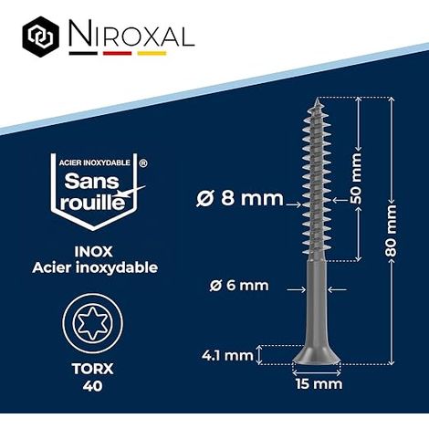 Vis à bois inox A2 V2A H2 Torx TX tête fraisée 90° filetage total 8 mm 8x80 mm vis bois structure (1/4)