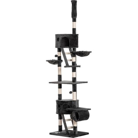 Árbol para gatos suelo-techo 240-260 cm ajustable, múltiples plataformas, cuevas, cestos, rampas, gris