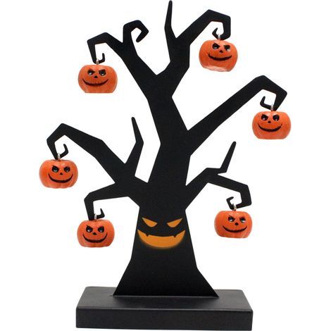 Arbre de décoration d'Halloween pour table avec citrouilles en métal et ornements orange mignons, idéal pour la décoration intérieure et la fête d'Halloween. (1/5)