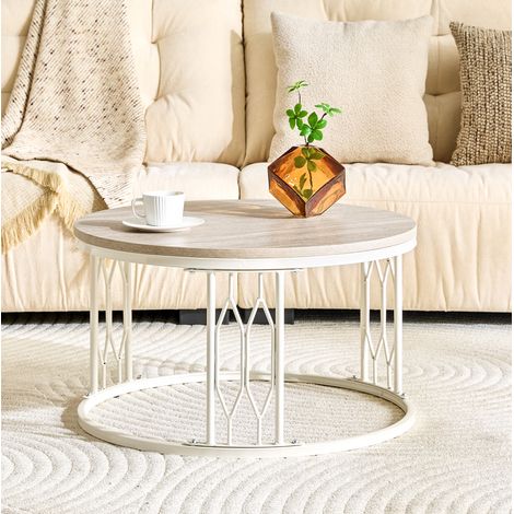 Mesa de centro redonda (70x70x40.5 cm), diseño geométrico, tablero efecto madera, MDF y metal blanco (1/5)